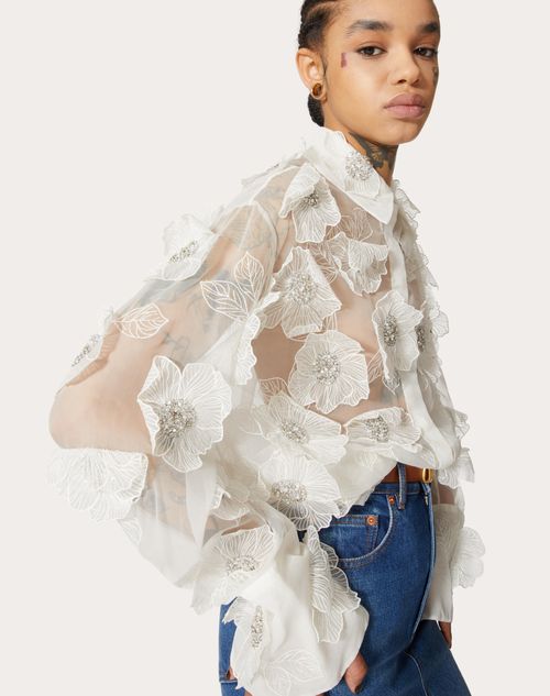 Embroidered Organza Shirt for Woman in Ivory/silver | Valentino US