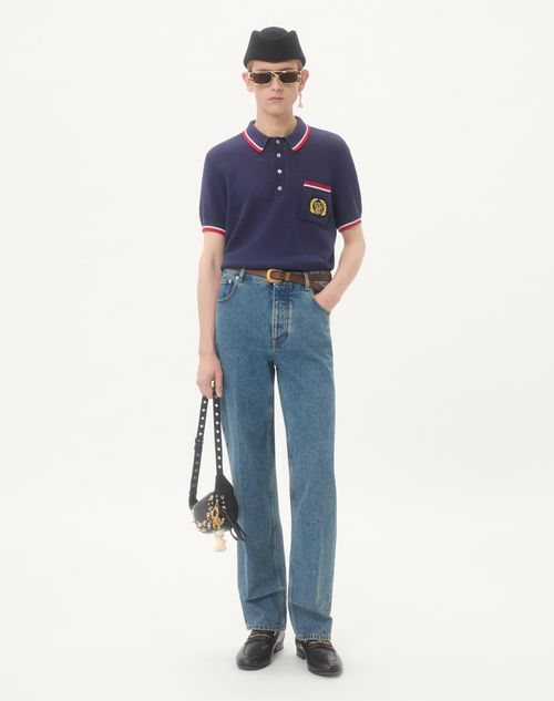 Valentino - Cotton Polo Shirt With Vg Patch - Blue - Man - Knitwear