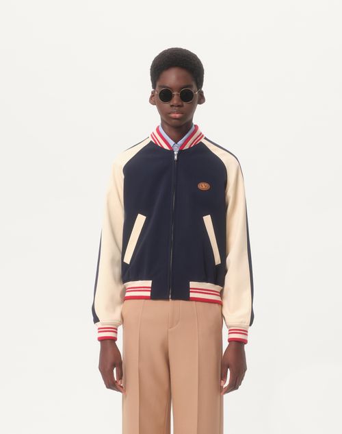 Valentino - Chaqueta Bomber De Lana Y Algodón Con Parche Del Vlogo Y Le Chat De La Maison - Azul/manteca - Hombre - Chaquetas Y Plumíferos