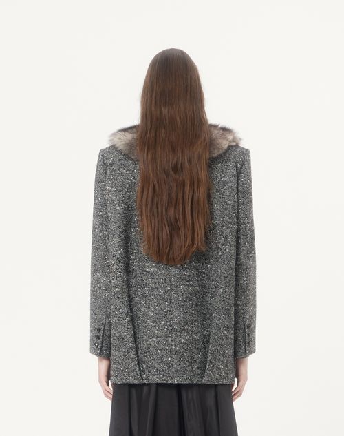 Valentino - Einreihige Cabanjacke Aus Chevron Bouclé Mit Lammfell - Weiss/ Schwarz - Frau - Jacken Und Mäntel