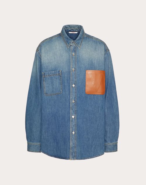 Valentino - Denim Shirt With Embossed Vlogo Signature Leather Pocket - Blue - Man - Denim