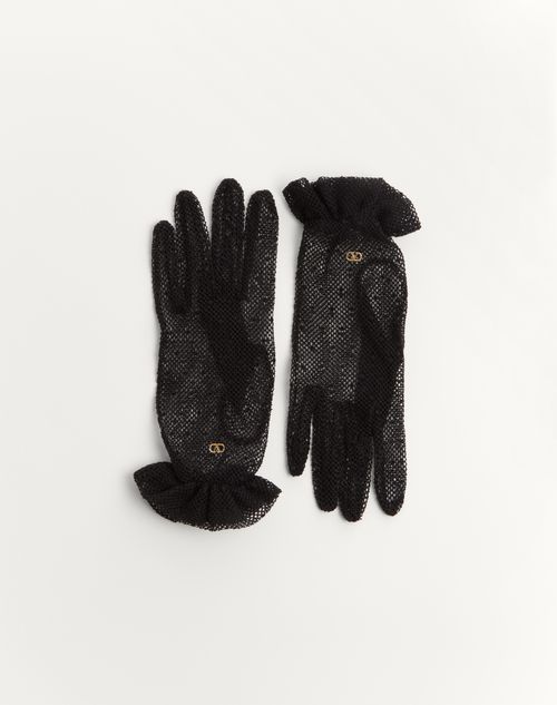 Valentino Garavani - Gants Vlogo Signature En Coton Et Tulle - Noir/or - Femme - Gants Et Chapeaux