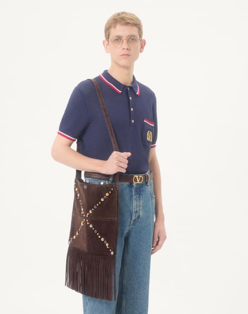 Valentino Garavani - Valentino Garavani Nellcôte Suede Shoulder Bag With Fringes - Brown - Man - Shoulder Bags