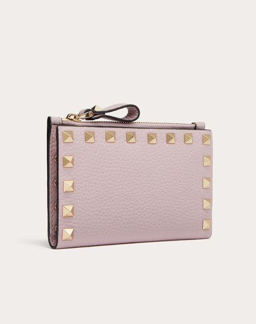 Rockstud Grainy Calfskin Cardholder With Zipper for Woman in