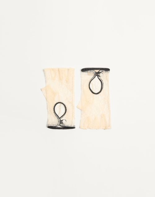 Valentino Garavani - Vlogo Signature Biker Gloves In Lace And Leather - Butter - Woman - Hats And Gloves