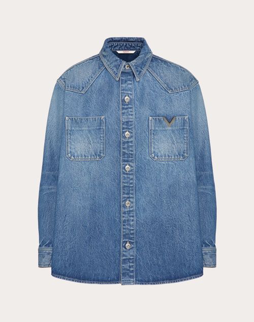 Valentino - Denim Shirt With Metallic V Detail - Denim - Man - Denim