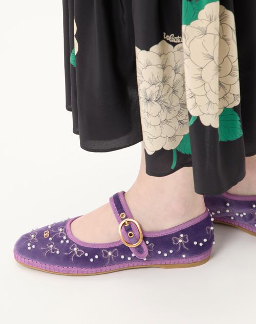 Valentino Garavani - Mary-jane Endouce Velvet Ballerina With Bow Embroidery - Purple - Woman - Ballerinas