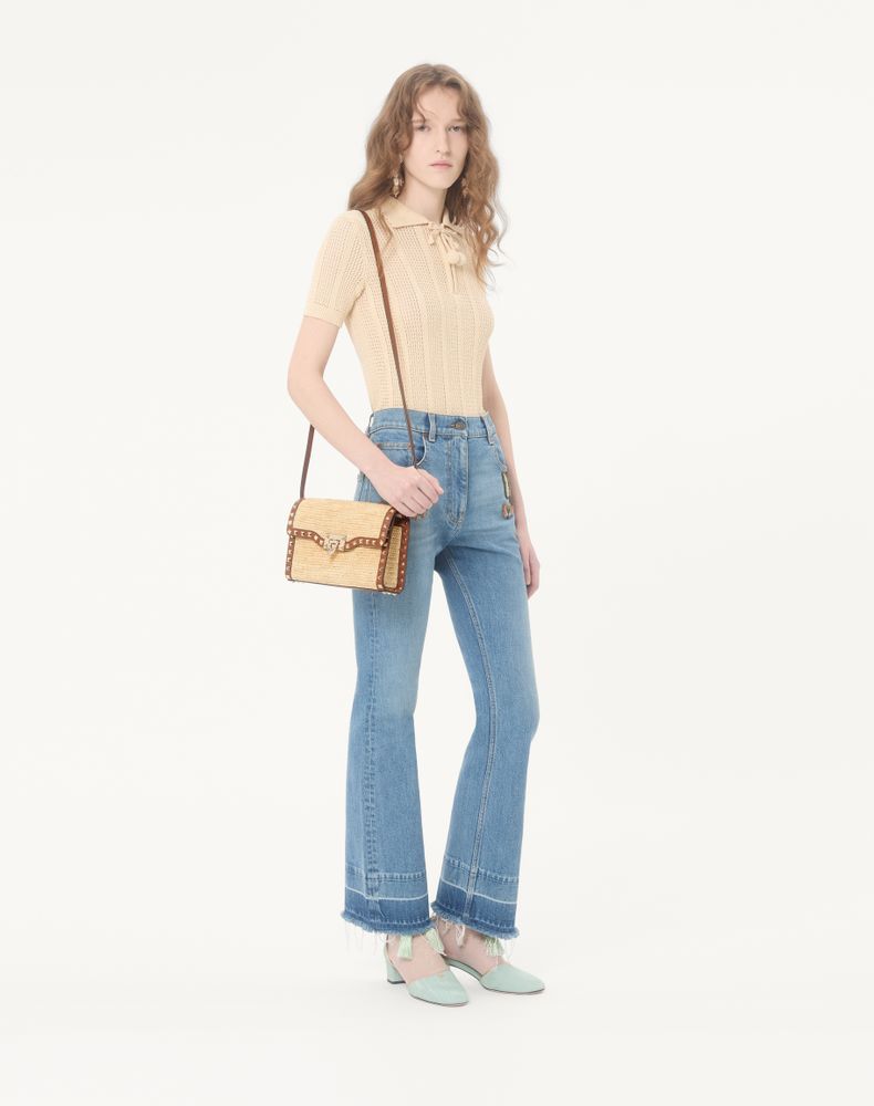 Valentino Garavani Rockstud Small Shoulder Bag In Raffia Woman Natural/Saddle Brown Uni