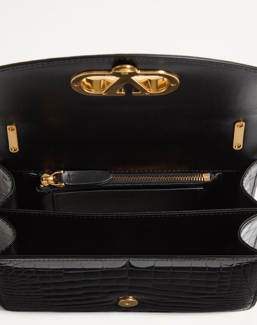 Valentino Garavani - VALENTINO GARAVANI VAIN SMALL SHOULDER BAG IN CROCODILE LEATHER - Black - Woman - Shoulder Bags