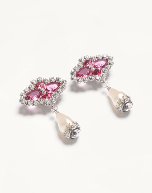 Valentino Garavani - Pas Plus Earrings In Metal, Resin, Enamel And Crystals - Palladium/cream/pink - Woman - Fashion Jewelry