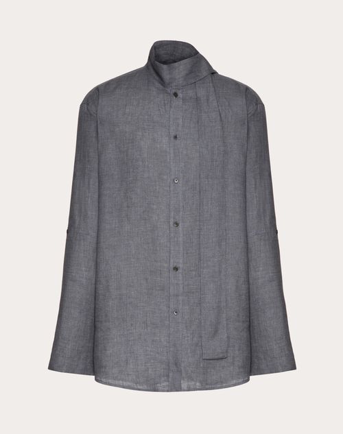 Valentino - Linen Shirt With Scarf Collar And Vlogo Signature Embroidery - Grey - Man - Shirts