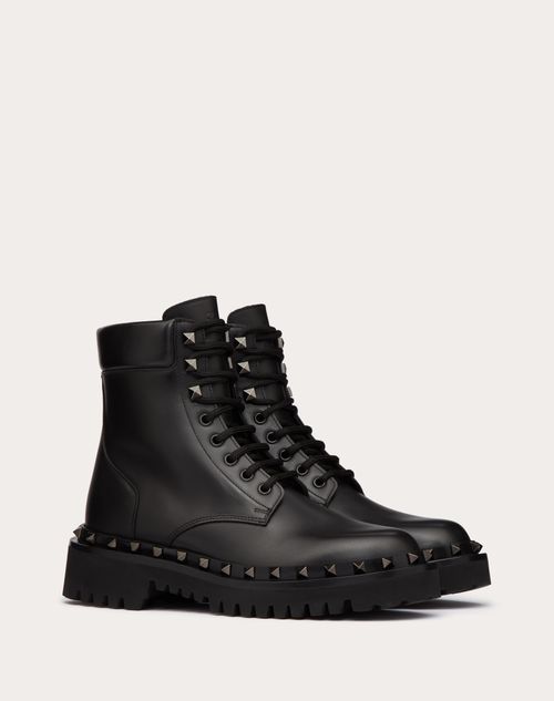 Valentino Garavani - Rockstud Calfskin Combat Boot With Matching Studs 50mm - Black - Woman - Boots&booties - Shoes