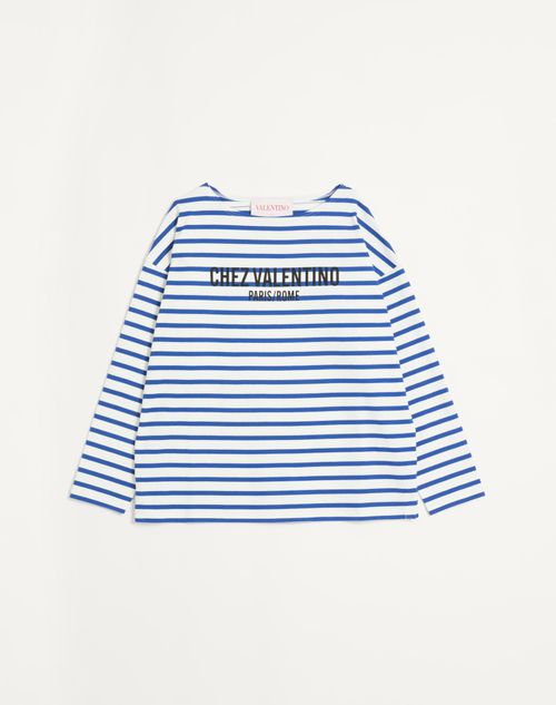 Valentino - Long-sleeved Cotton T-shirt With Chez Valentino Print - Butter/indigo - Man - T-shirts And Sweatshirts