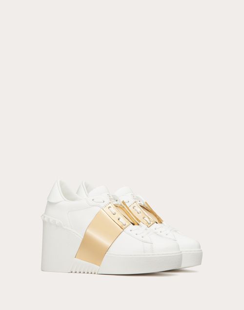 Valentino Garavani - Open Disco Wedge Sneaker In Calfskin With Metallic Band 85mm - White/gold - Woman - Sneakers