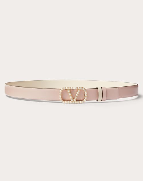 Valentino Garavani - Vlogo Signature Reversible Belt In Shiny Calfskin With Pearls 20 Mm - Rose Quartz - Woman - Belts