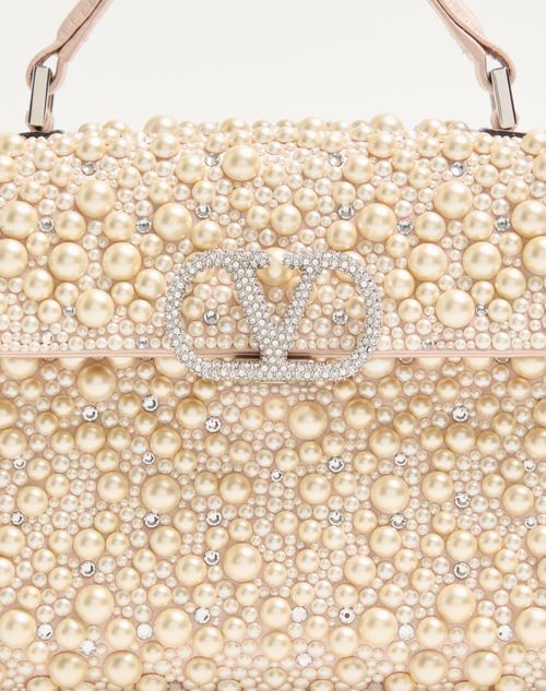 Valentino Garavani - Valentino Garavani Mini Vsling Handbag With Pearls, Rhinestones And Jewel Logo - Cream - Woman - Top Handle Bags