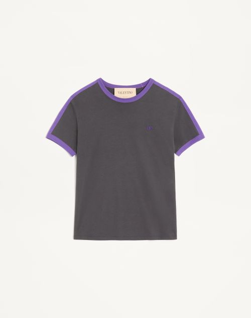 Valentino - Valentino Cotton T-shirt With Crew Neck, Contrasting Side Bands And Vlogo Embroidery - Anthracite/purple - Man - T-shirts And Sweatshirts