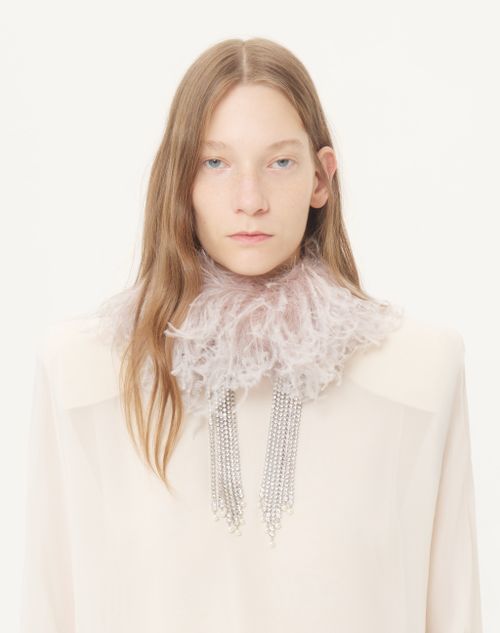 Valentino - Long Dress In Light Georgette With Feathers - Vanilla/black - Woman - Gowns