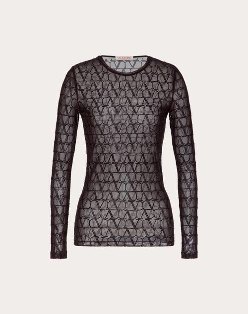 Valentino - 투알 아이코노그래피 저지 튤 자수 라인스톤 탑 - 에보니/블랙 - 여성 - 티셔츠 & 스웻셔츠