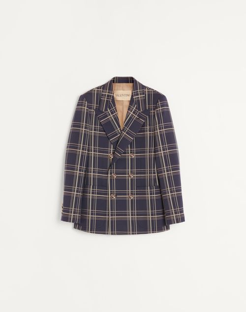 Valentino - Double-breasted Wool And Cotton Jacket With Check Pattern - Navy/grey - Man - Coats And Blazers