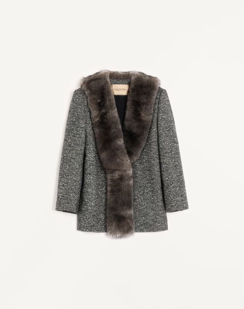 Valentino - Einreihige Cabanjacke Aus Chevron Bouclé Mit Lammfell - Weiss/ Schwarz - Frau - Jacken Und Mäntel