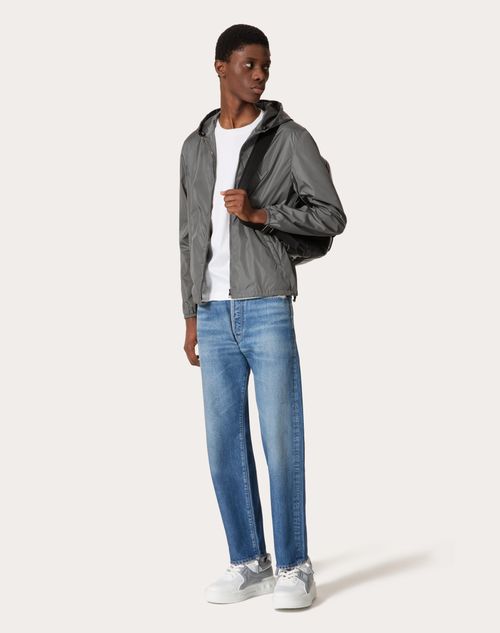 Valentino - Nylon Hooded Windbreaker With Metallic V Detail - Grey - Man - Outerwear