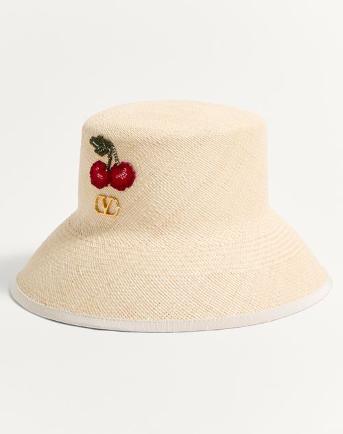 Valentino Garavani - Vlogo Signature Straw Bucket Hat With Leather Trim And Cherryfic Embroidery - Natural/multicolor - Woman - Soft Accessories - Accessories