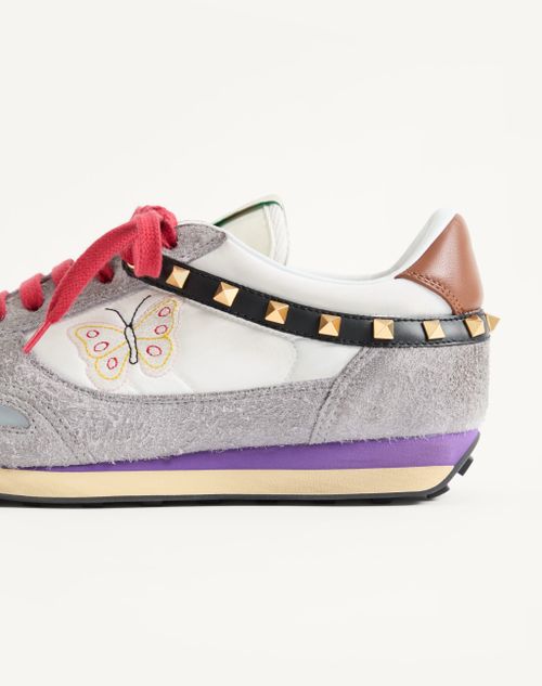 Valentino Garavani - Stud Up Sneaker In Split Leather And Nylon With Butterfly Embroidery - White/multicolor - Man - Sneakers