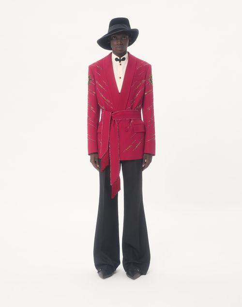 Valentino - Valentino Embroidered Belted Jacket In Grain De Poudre Wool - Cherry Red - Man - Coats And Blazers