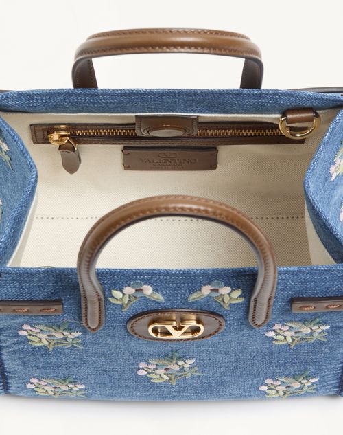 Valentino Garavani - Valentino Garavani Antibes Small Embroidered Shopping Bag In Denim - Denim - Woman - Totes