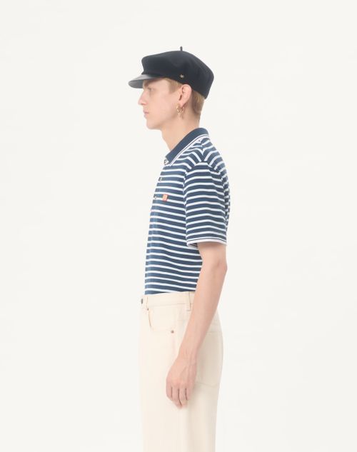 Valentino - 발렌티노 브이로고 패치 코튼 피케 폴로 - 화이트/블루 - 남성 - 티셔츠 & 스웻셔츠
