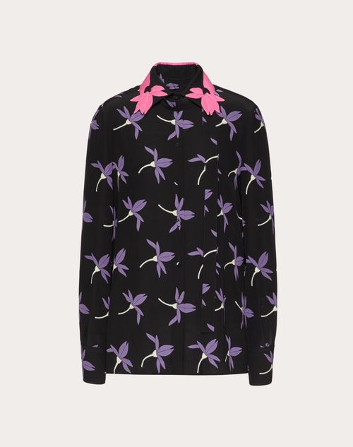 Valentino - Printed Crepe De Chine Shirt - Black/lilac - Woman - Woman Sale