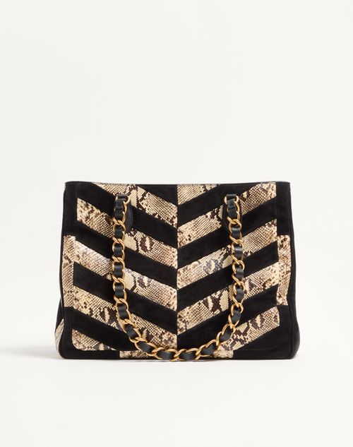 Valentino Garavani - Valentino Garavani Laseine Shopping Bag In Python And Chevron-patterned Suede - Beige/black - Woman - Totes