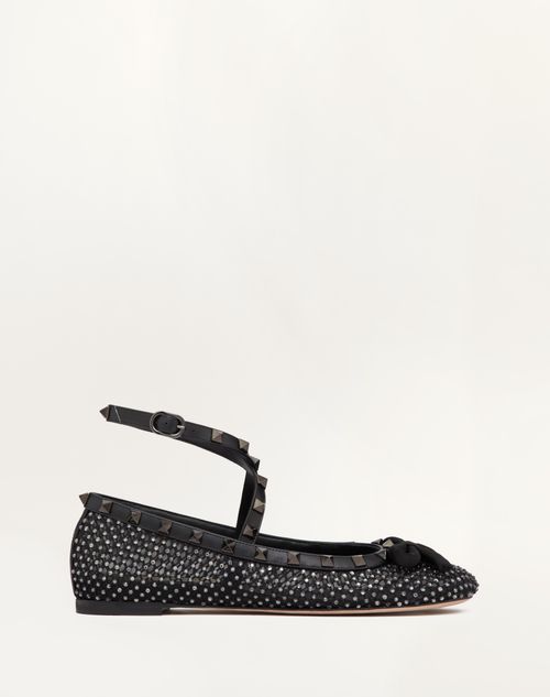 Valentino Garavani - Ballerina Rockstud In Rete Con Cristalli E Borchie In Tono - Nero - Donna - Ballerine