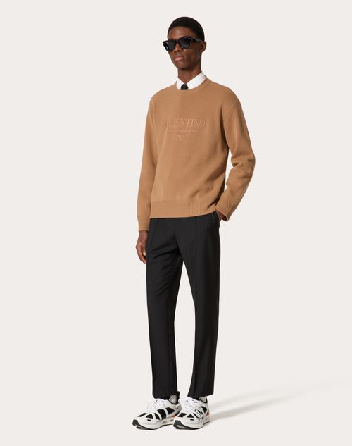 Valentino - Crewneck Wool Jumper With Valentino Embroidery - Camel - Man - Knitwear