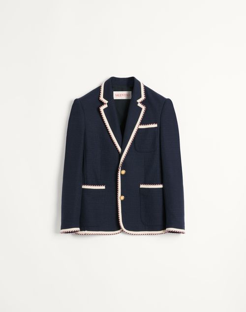 Valentino - Single-breasted Jersey Cotton Jacket With Torchon Piping - Navy - Man - Coats And Blazers