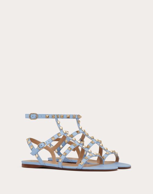 Valentino Garavani - Rockstud Flat Calfskin Sandal With Straps - Azure - Woman - Sandals