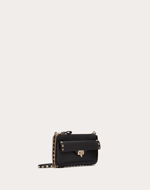 Grainy Calfskin Pouch With Rockstud Chain for Woman in Black | Valentino US