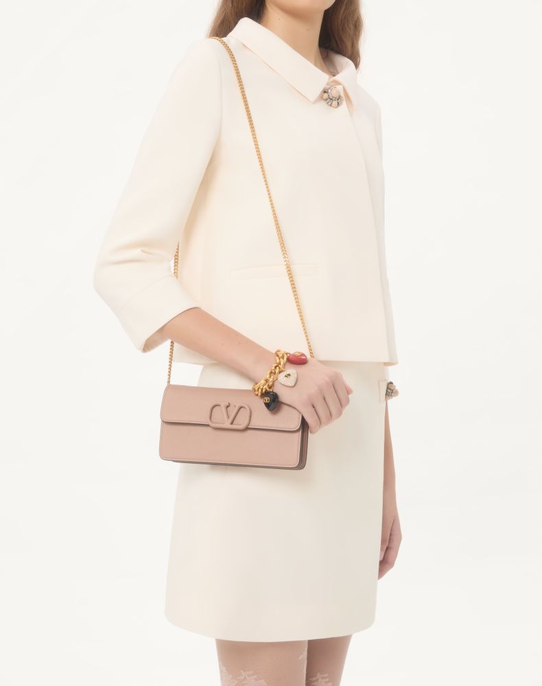 Valentino Garavani Vlogo Signature Grainy Calfskin Wallet With Chain Woman Rose Cannelle Uni