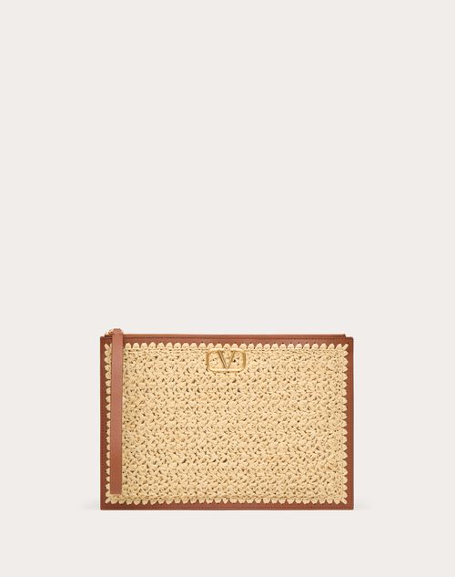 Valentino Garavani - Vlogo Signature Clutch Bag In Raffia - Natural/saddle Brown - Woman - Valentino Garavani Vlogo Signature