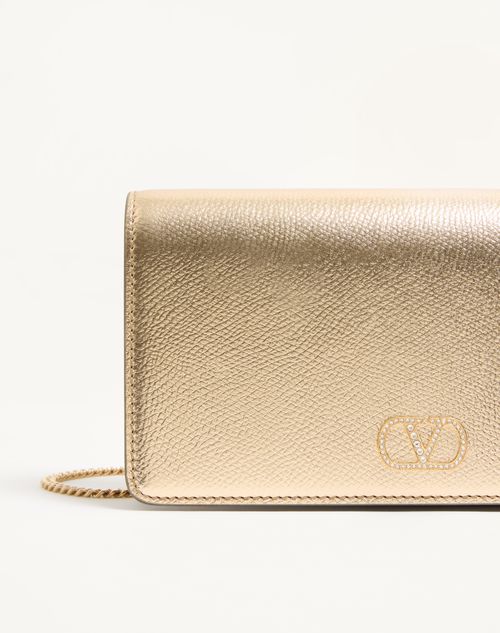 Valentino Garavani - Vlogo Signature Mini Shoulder Bag In Laminated Grainy Calfskin With Jewel Logo - Gold/crystal - Woman - Wallets And Small Leather Goods