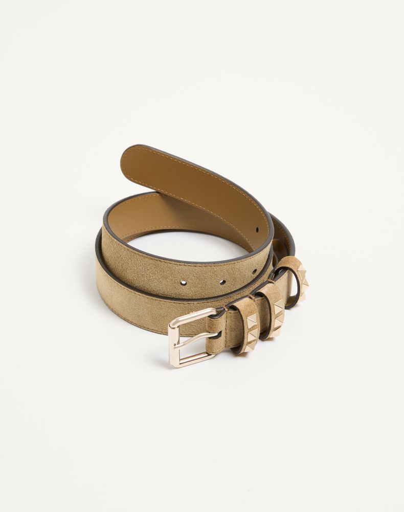 Valentino Garavani Rockstud Suede Belt 30 Mm Woman Havana Beige 080