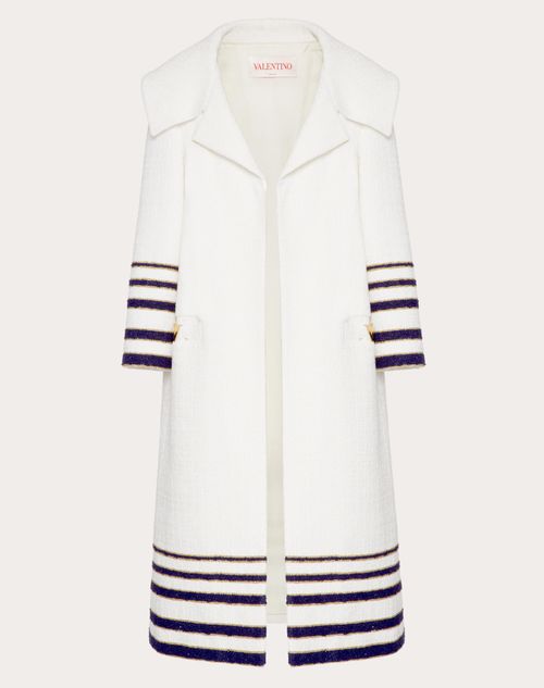 Valentino - Mariniere Tweed Coat - Ivory/navy - Woman - Coats And Outerwear