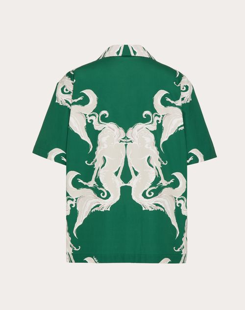 Valentino - Cotton Poplin Bowling Shirt With Metamorphos Siren Print - Ivy/pearl Grey - Man - Shirts