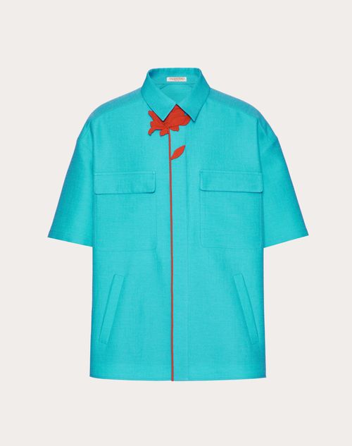 Valentino - Chemise Bowling En Laine Et Soie Avec Broderie Florale - Turquoise - Homme - Chemisiers