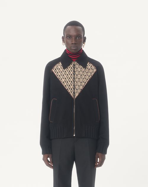 Valentino - Valentino Bomberjacke Aus Wolle Und Kaschmir Mit V-intarsien Und Toute La V Jacquardmuster - Schwarz - Mann - Jacken Und Winterjacken