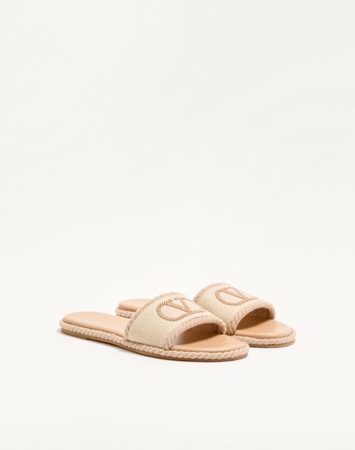 Valentino Garavani - Vlogo Torchon Slide Sandal In Linen Canvas - Ecru - Woman - Slides And Thongs