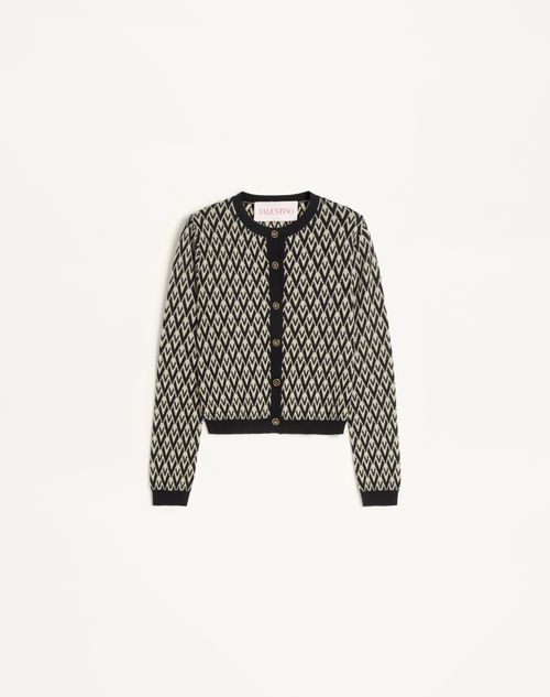 Valentino - Wool Cardigan With Toute La V Jacquard Pattern - Cream/blue - Woman - Knitwear