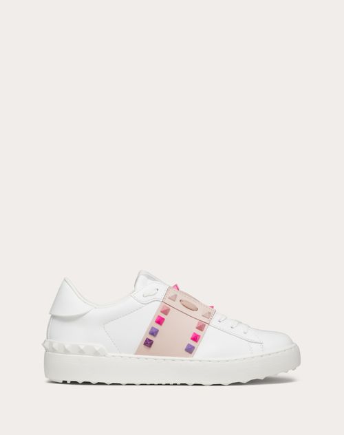 Rockstud Untitled Calfskin Sneaker for Woman in White/rose Quartz | Valentino