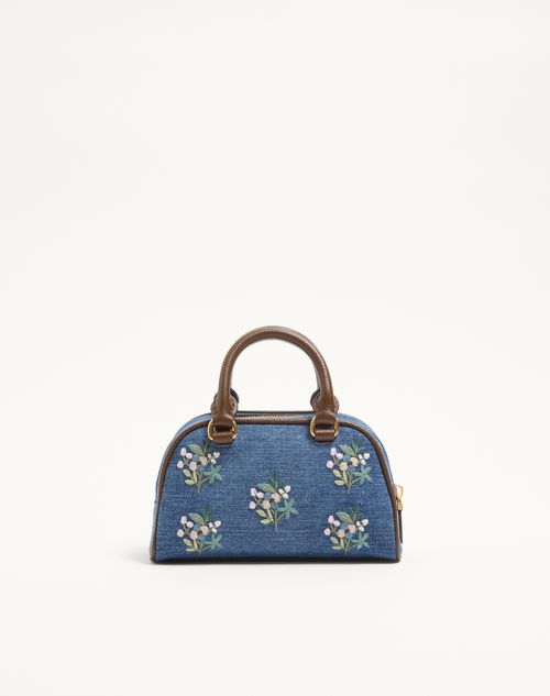Valentino Garavani - Valentino Garavani Vlogo Signature Mini Top-handle Bag In Denim With Floral Embroidery - Denim - Woman - Summer Totes - Bags (vlogo Totes/signature)
